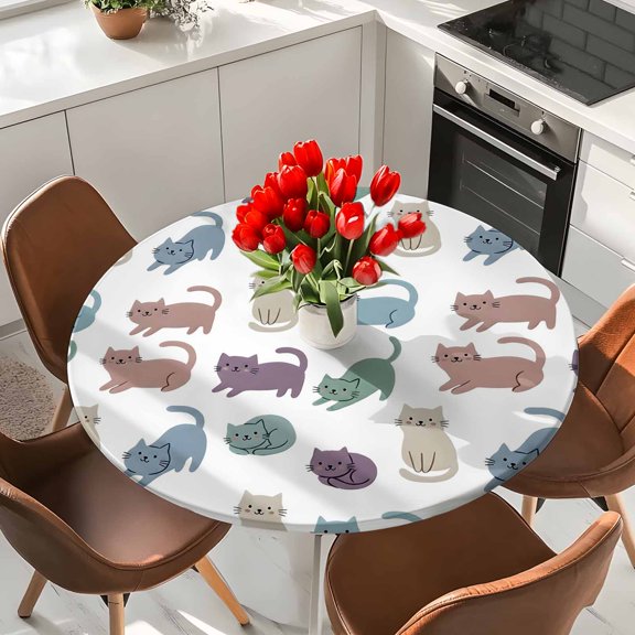 Round Fitted Tablecloth,Farmhouse Cat Cute Animals Circle Table Cover Waterproof Table Cloth with Elastic Edge,Blue Purple Brown Cats Outdoor Tablecloths for Kitchen Picnic 36-44in