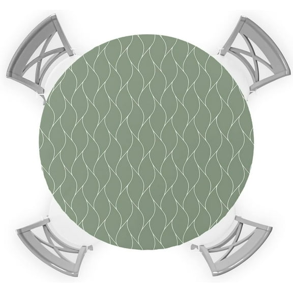 Round Fitted Tablecloth, Farmhouse Decoration Sage Green Geometric Pattern Table Cloth Table Cover with Elastic Edged for Outdoor Picnic Parties, Fits Tables up to 36'''' - 44''''