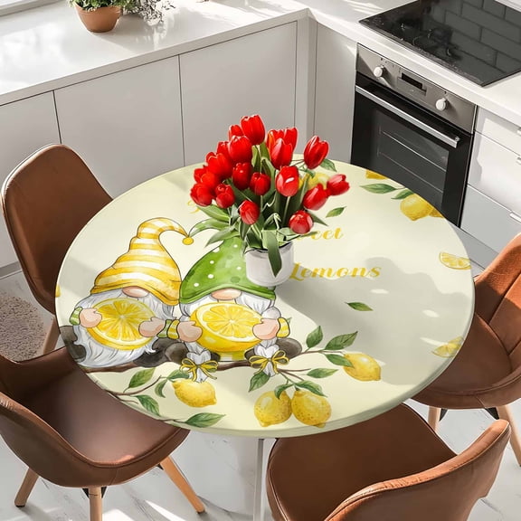 Round Fitted Tablecloth,Farmhouse Gnome Lemon Tree Circle Table Cover Waterproof Table Cloth with Elastic Edge,Summer Dwarf Yellow Fruit Outdoor Tablecloths for Kitchen Picnic 36-44in