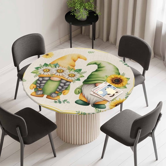 Round Fitted Tablecloth,Farmhouse Gnome Retro Linen Circle Table Cover Waterproof Table Cloth with Elastic Edge,Summer Sunflower Leaf Dwarf Outdoor Tablecloths for Kitchen Picnic 45-54in