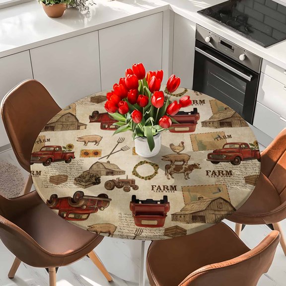 Round Fitted Tablecloth,Farmhouses Trucks Cows Cock Circle Table Cover Waterproof Table Cloth with Elastic Edge,Animal on Retro Paper Outdoor Tablecloths for Kitchen Picnic 36-44in