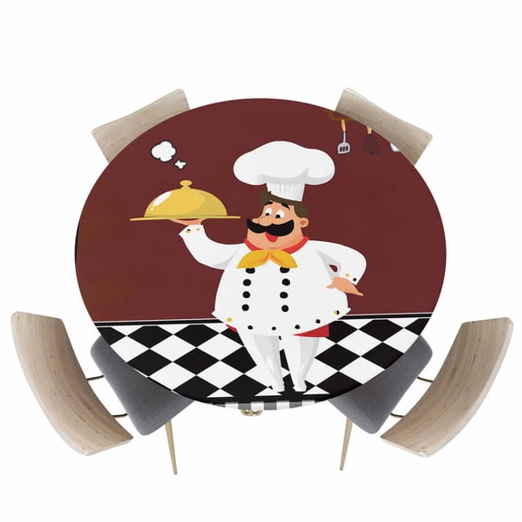 Round Fitted Tablecloth,Funny Chef Food Cutlery Circle Table Cover Waterproof Table Cloth with Elastic Edge,Black White Plaid Dark Maroon Outdoor Tablecloths for Kitchen Picnic 45-54in