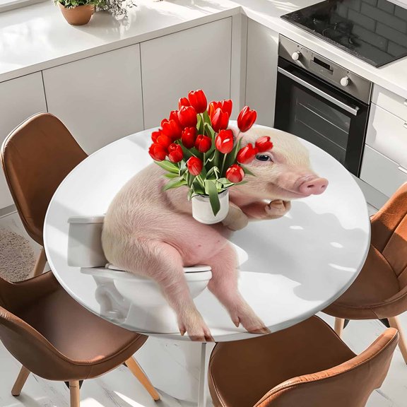 Round Fitted Tablecloth,Funny Thinking Pigs Toilets Circle Table Cover Waterproof Table Cloth with Elastic Edge,Abstract Art Animals Outdoor Tablecloths for Kitchen Picnic 36-44in