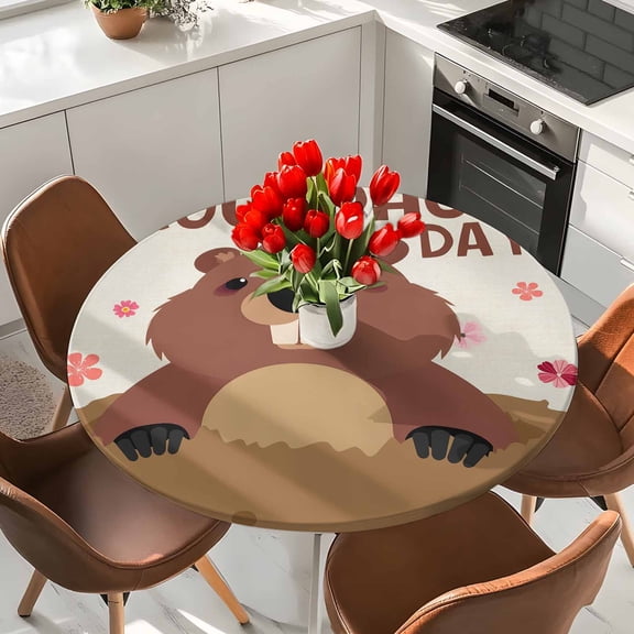 Round Fitted Tablecloth,GROUNDHOG DAY Words Circle Table Cover Waterproof Table Cloth with Elastic Edge,Cute Marmot Flowers Outdoor Tablecloths for Kitchen Picnic 36-44in