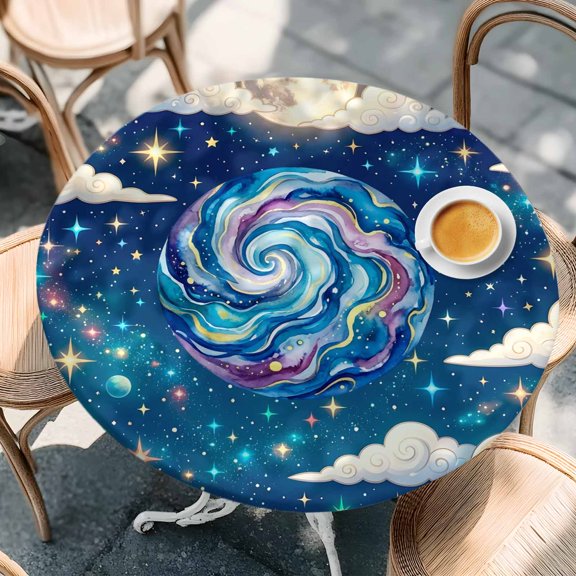 Round Fitted Tablecloth,Galaxy Earth Stars Moon Planets Circle Table Cover Waterproof Table Cloth with Elastic Edge,Dream Sky Cloud Outdoor Tablecloths for Kitchen Picnic 55-60in