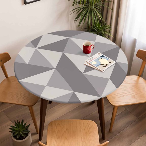 Round Fitted Tablecloth,Geometric Grey Art Triangle Circle Table Cover Waterproof Table Cloth with Elastic Edge,Abstract Geometric Pattern Outdoor Tablecloths for Kitchen Picnic 36-44in