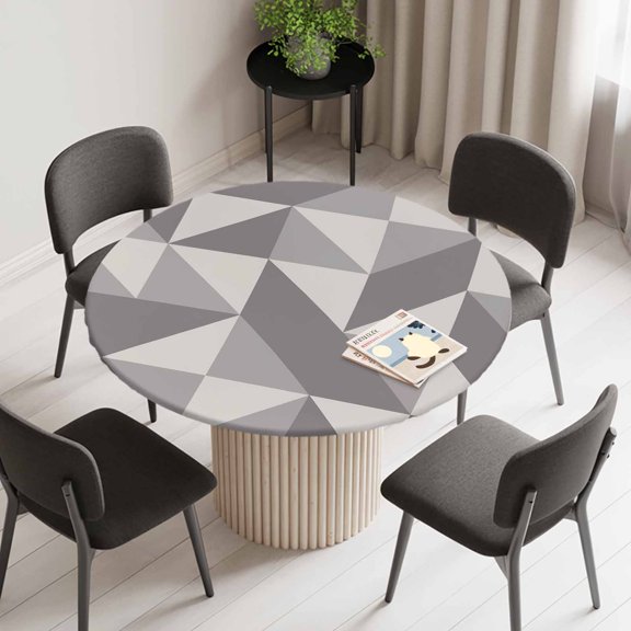 Round Fitted Tablecloth,Geometric Grey Art Triangle Circle Table Cover Waterproof Table Cloth with Elastic Edge,Abstract Geometric Pattern Outdoor Tablecloths for Kitchen Picnic 45-54in