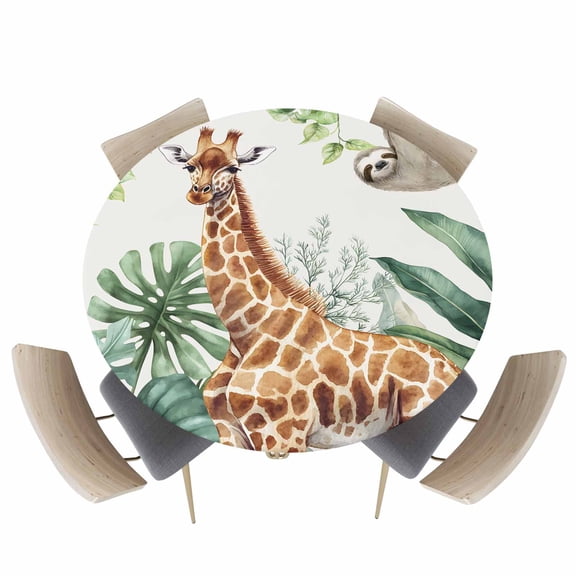 Round Fitted Tablecloth,Giraffe Sloth Tropical Animal Circle Table Cover Waterproof Table Cloth with Elastic Edge,Green Turtle Leaf Plant Outdoor Tablecloths for Kitchen Picnic 45-54in