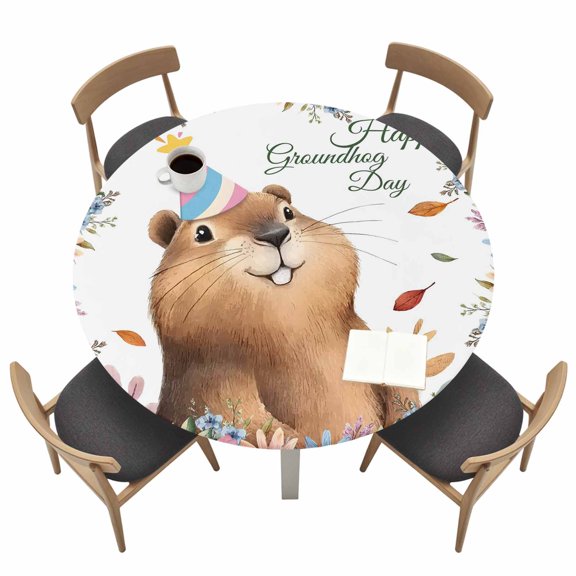 Round Fitted Tablecloth,Ground Rat Flower Bushes Leaves Circle Table Cover Waterproof Table Cloth with Elastic Edge,Happy Groundhog Day Outdoor Tablecloths for Kitchen Picnic 36-44in