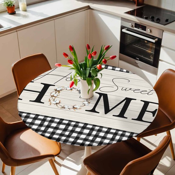 Round Fitted Tablecloth,Home Black White Gingham Check Circle Table Cover Waterproof Table Cloth with Elastic Edge,Farm Vintage Wood Board Outdoor Tablecloths for Kitchen Picnic 36-44in