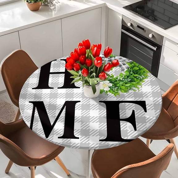 Round Fitted Tablecloth,Home Green Garland Gray Gingham Check Circle Table Cover Waterproof Table Cloth with Elastic Edge,Bow Flower White Buffalo Plaid Outdoor Tablecloths for Kitchen Picnic 36-44in