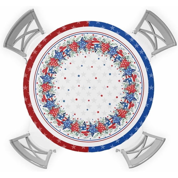Round Fitted Tablecloth, Independence Day Eucalyptus Leaves American Flag 4th of July Blue Red Waterproof Table Cloth Table Cover with Elastic Edged for Outdoor Parties, Fits Tables up to 55" - 60"