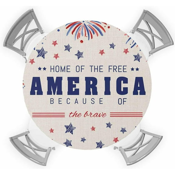 Round Fitted Tablecloth, Independence Day Fireworks Stars American Holiday 4th of July Waterproof Table Cloth Table Cover with Elastic Edged for Outdoor Picnic Parties, Fits Tables up to 36" - 44"