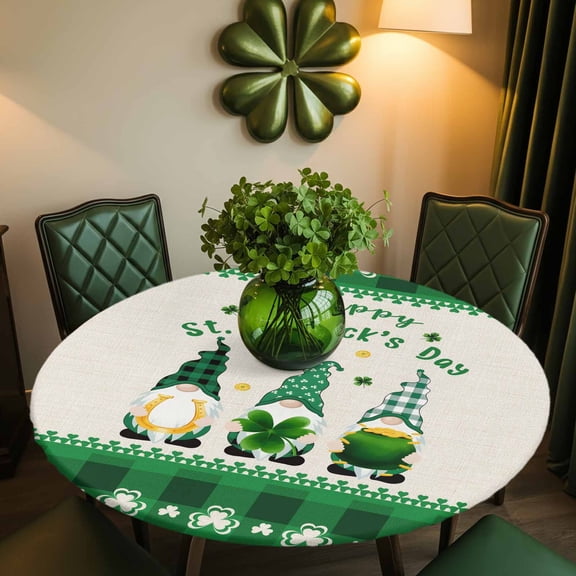 Round Fitted Tablecloth,Irish St. Patrick's Day Dwarfs Circle Table Cover Waterproof Table Cloth with Elastic Edge,Lucky Shamrock Green Plaid Outdoor Tablecloths for Kitchen Picnic 45-54in