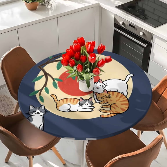 Round Fitted Tablecloth,Japanese Style Cat Circle Table Cover Waterproof Table Cloth with Elastic Edge,Cute Kitty on Blue Background Outdoor Tablecloths for Kitchen Picnic 36-44in