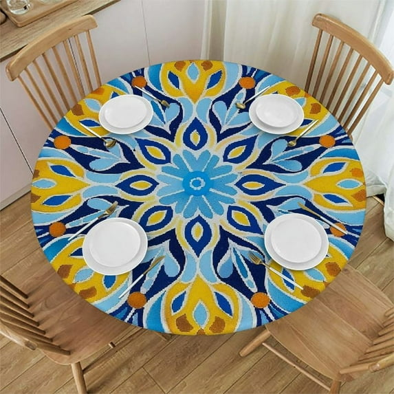 Round Fitted Tablecloth Mandala Damask Flower Ethnic Floral Table Cloth with Elastic Edged Waterproof Wipeable Round Table Cover for Patio Parties Outdoor Decor