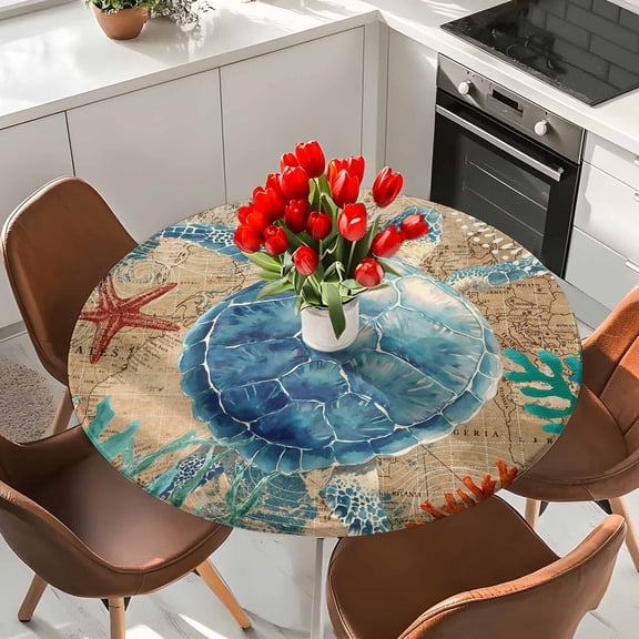 Round Fitted Tablecloth,Marine Life Sea Turtles Circle Table Cover Waterproof Table Cloth with Elastic Edge,Sea Stars Coral on Retro Paper Outdoor Tablecloths for Kitchen Picnic 36-44in