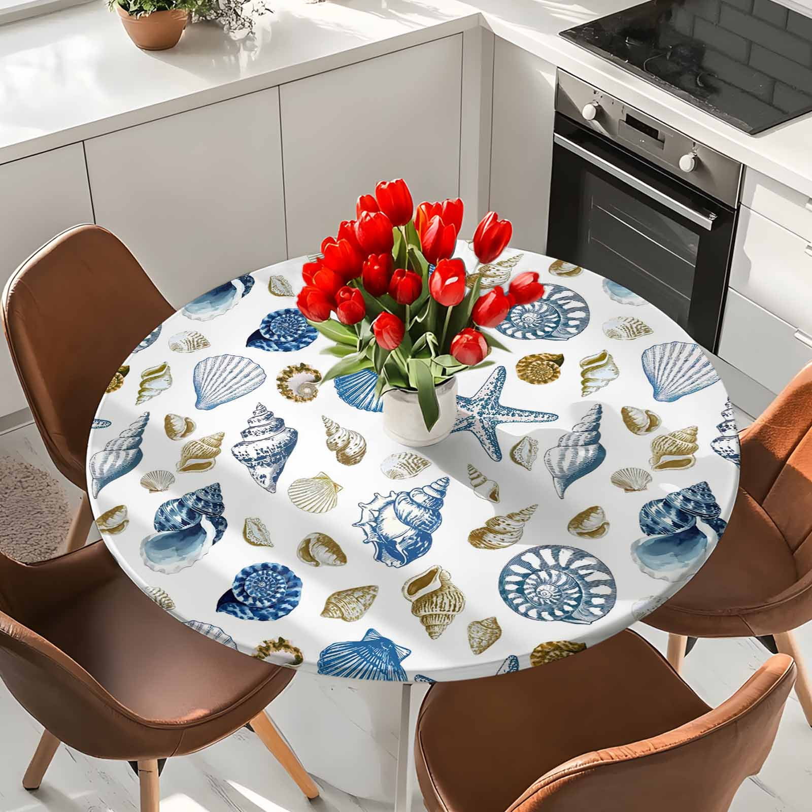 Shell Table Clothes Round Fitted Tablecloth,Marine Starfish Shell Conch Circle Table Cover ...