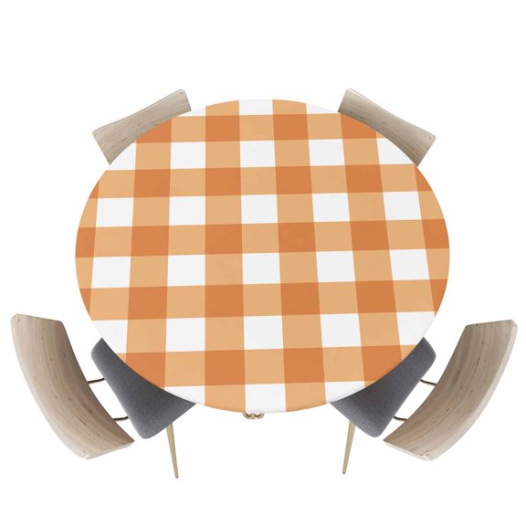 Round Fitted Tablecloth,Minimalist Orange Checkered Grid Circle Table Cover Waterproof Table Cloth with Elastic Edge,Spring Buffalo Plaid Outdoor Tablecloths for Kitchen Picnic 45-54in