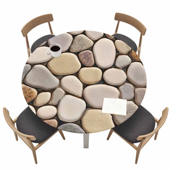 Round Fitted Tablecloth,Modern Cobblestone Texture Art Circle Table Cover Waterproof Table Cloth with Elastic Edge,Seamless Brown Pebble Stone Outdoor Tablecloths for Kitchen Picnic 36-44in