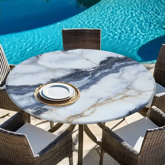 Round Fitted Tablecloth,Modern Marble Texture Stone Art Circle Table Cover Waterproof Table Cloth with Elastic Edge,Abstract Marble Outdoor Tablecloths for Kitchen Picnic 45-54in