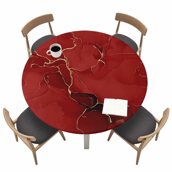 Round Fitted Tablecloth,Natural Red Marble Stone Gold Stripe Circle Table Cover Waterproof Table Cloth with Elastic Edge,Abstract Liquid Texture Outdoor Tablecloths for Kitchen Picnic 45-54in