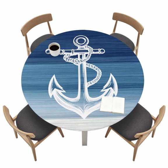 Round Fitted Tablecloth,Nautical Anchor Navy Blue Gradient Circle Table Cover Waterproof Table Cloth with Elastic Edge,Summer Coastal Nautical Theme Outdoor Tablecloths for Kitchen Picnic 36-44in