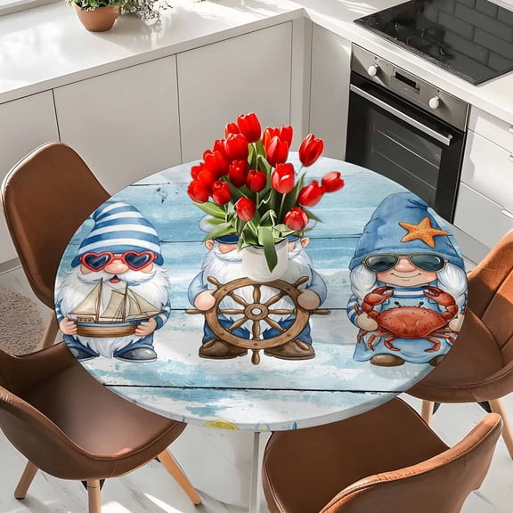 Round Fitted Tablecloth,Nautical Gnome Blue Ocean Circle Table Cover Waterproof Table Cloth with Elastic Edge,Summer Floral Retro Plaid Outdoor Tablecloths for Kitchen Picnic 36-44in