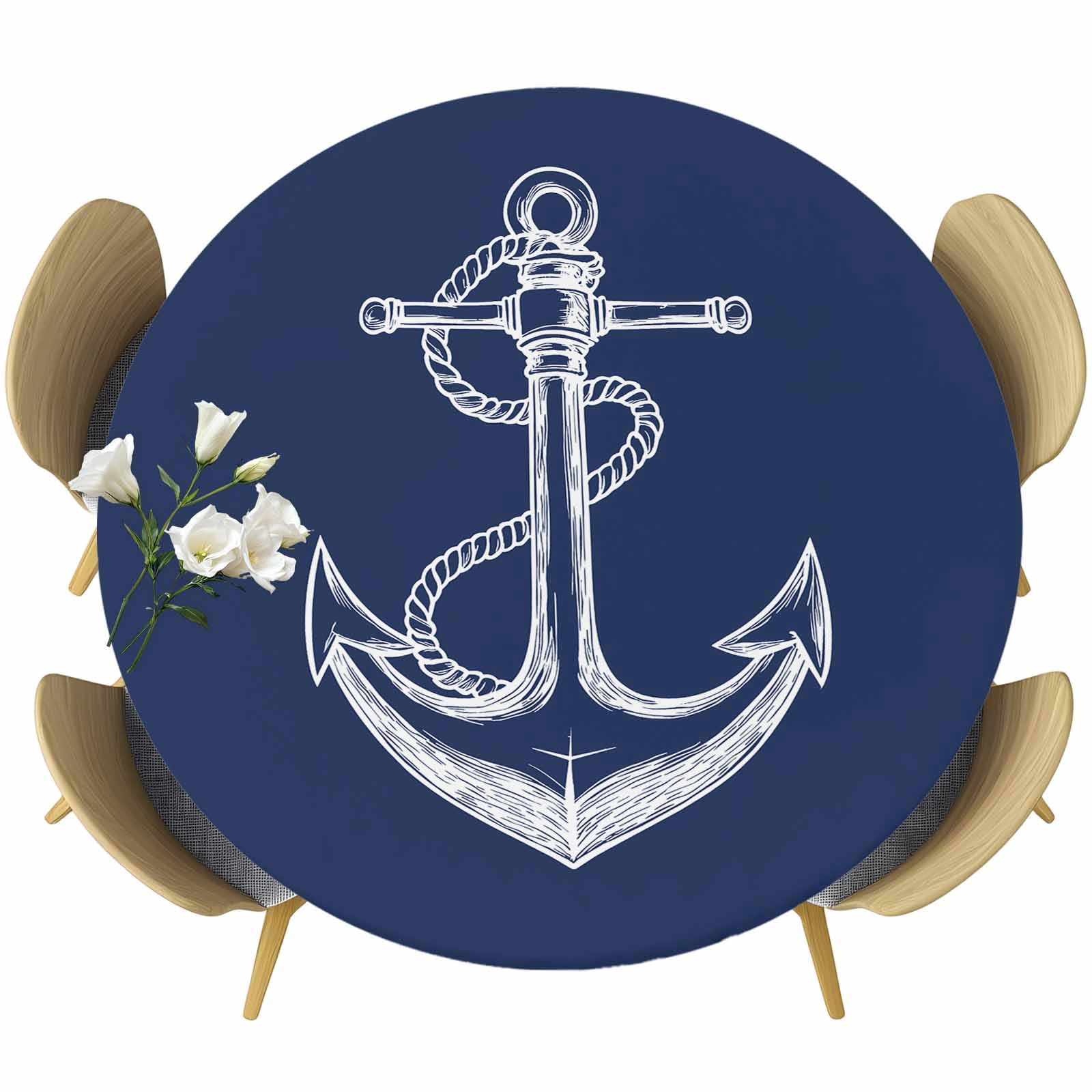 Round Fitted Tablecloth,Nautical Sailing Anchor String Sketch Circle ...