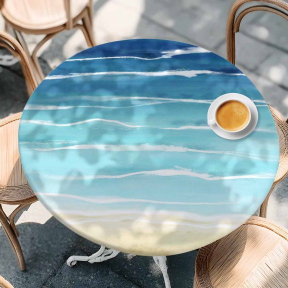 Round Fitted Tablecloth,Navy Blue Gradient Water Ripple Circle Table Cover Waterproof Table Cloth with Elastic Edge,Summer Ocean Theme Outdoor Tablecloths for Kitchen Picnic 55-60in