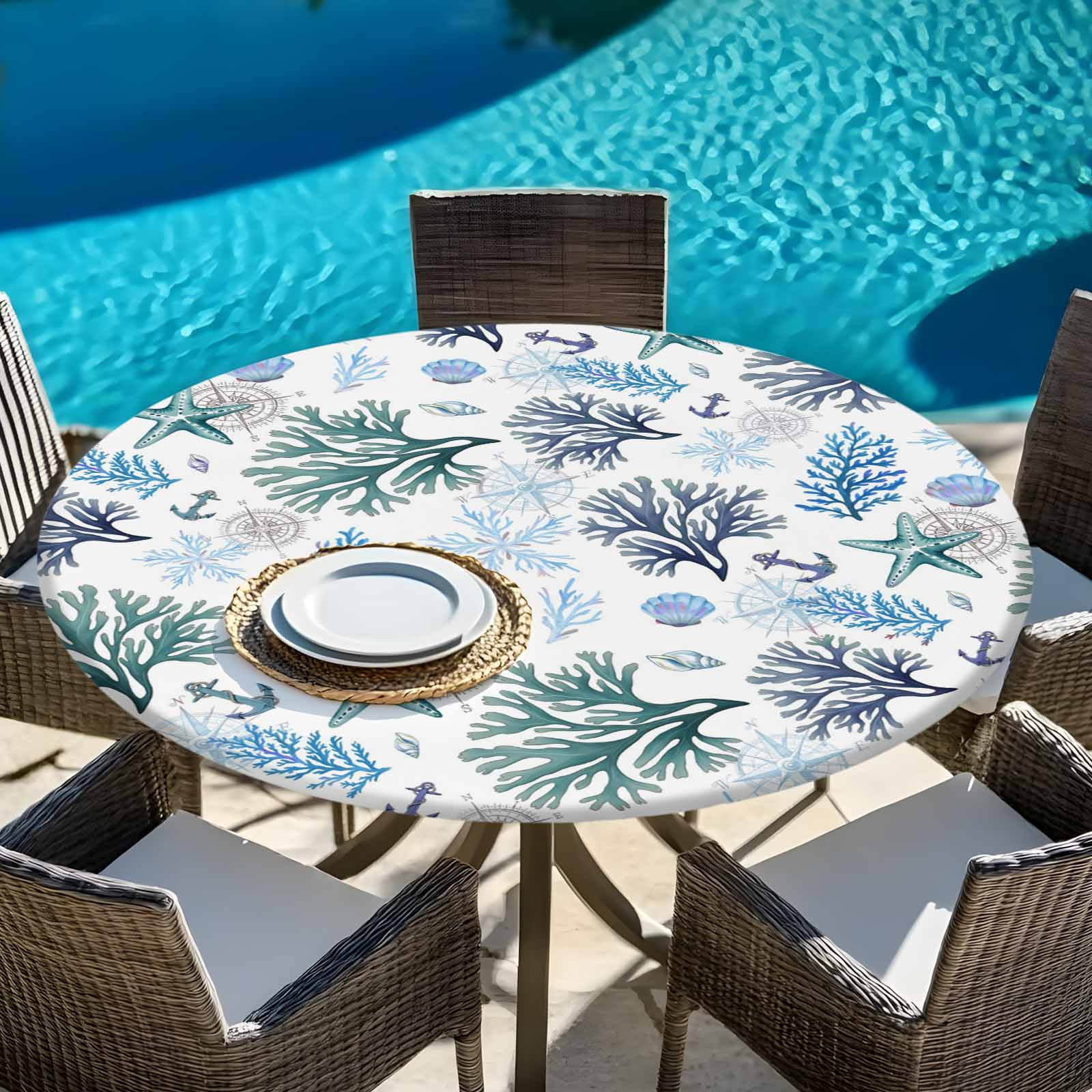 Shell Table Clothes Round Fitted Tablecloth,Ocean Coral Starfish Shell Circle Table Cover ...