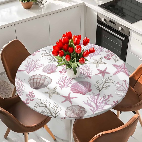 Round Fitted Tablecloth,Oceans Pink Shells Corals Sea Stars Circle Table Cover Waterproof Table Cloth with Elastic Edge,Abstract Marine Life Outdoor Tablecloths for Kitchen Picnic 36-44in