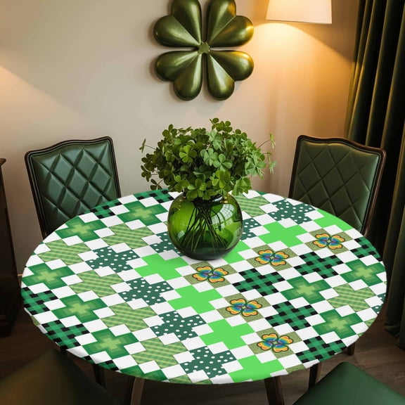 Round Fitted Tablecloth,Rainbow Shamrock Check Polka Dot Circle Table Cover Waterproof Table Cloth with Elastic Edge,St. Patrick's Day Green Theme Outdoor Tablecloths for Kitchen Picnic 45-54in