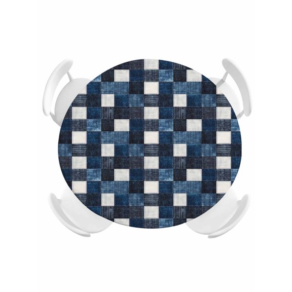 Round Fitted Tablecloth,Retro Blue Black Buffalo Check Circle Table Cover Waterproof Table Cloth with Elastic Edge,Checkered Plaid Seamless Outdoor Tablecloths for Kitchen Picnic 36-44in