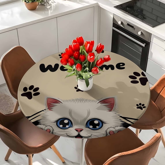 Round Fitted Tablecloth,Retro Cartoon Cute Cats Claws Circle Table ...