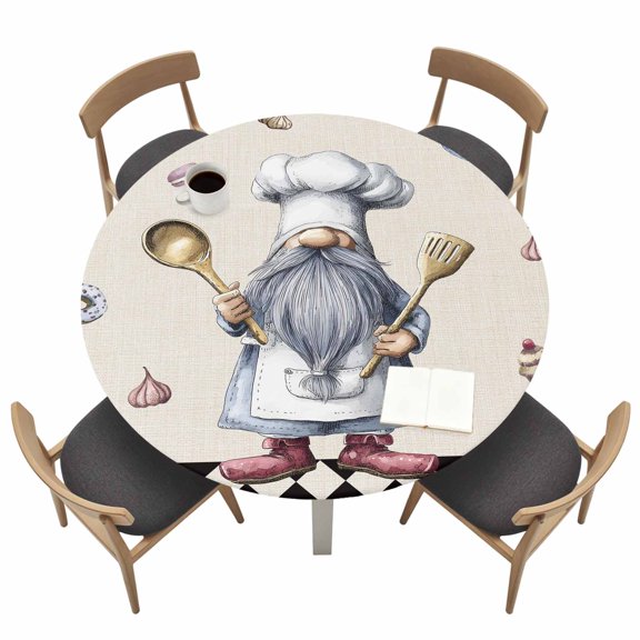 Round Fitted Tablecloth,Retro Cartoon Dessert Chef Gnome Circle Table Cover Waterproof Table Cloth with Elastic Edge,Black White Diamond Lattice Plaid Outdoor Tablecloths for Kitchen Picnic 36-44in