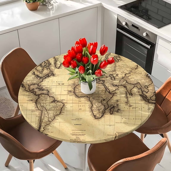 Round Fitted Tablecloth,Retro Yellow World Map North America Asia Circle Table Cover Waterproof Table Cloth with Elastic Edge,Pacific Plate Outdoor Tablecloths for Kitchen Picnic 36-44in