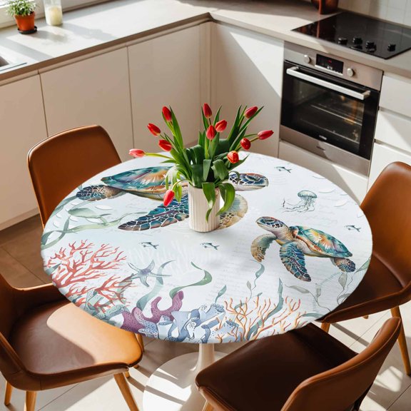 Round Fitted Tablecloth,Sea Turtle Coral Seaweed Circle Table Cover Waterproof Table Cloth with Elastic Edge,Summer Coastal Nautical Theme Outdoor Tablecloths for Kitchen Picnic 36-44in