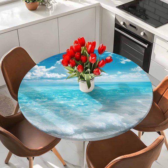 Round Fitted Tablecloth,Sea Wave Blue Sky White Clouds Circle Table Cover Waterproof Table Cloth with Elastic Edge,Summer Beach Theme Outdoor Tablecloths for Kitchen Picnic 36-44in