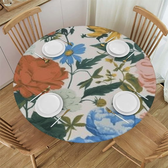 Round Fitted Tablecloth Seasonal Spring Floral Table Cloth with Elastic Edge, Oil-Proof Wipeable Round Table Cover for Indoor Outdoor Picnic, Fits Round Tables