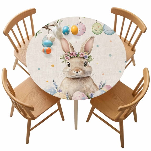 Round Fitted Tablecloth,Spring Easter Egg Rabbit on Linen Circle Table Cover Waterproof Table Cloth with Elastic Edge,Spring Flower Leaves Outdoor Tablecloths for Kitchen Picnic 55-60in