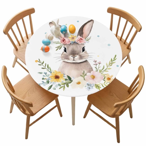 Round Fitted Tablecloth,Spring Easter Rabbit Circle Table Cover Waterproof Table Cloth with Elastic Edge,Watercolor Flowers Bunny Outdoor Tablecloths for Kitchen Picnic 55-60in