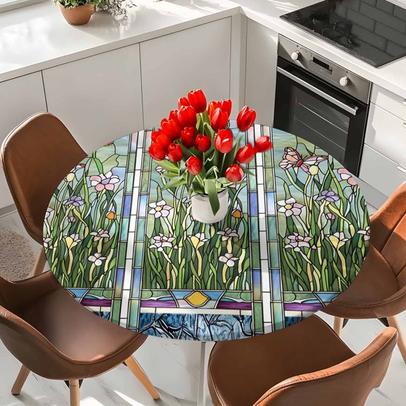Round Fitted Tablecloth,Spring Flower Butterfly Leaves Circle Table Cover Waterproof Table Cloth with Elastic Edge,Garden Traditional Paper-cut Outdoor Tablecloths for Kitchen Picnic 36-44in