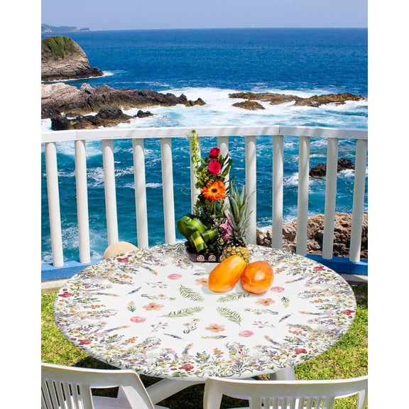 Round Fitted Tablecloth, Spring Flowers Summer Leaves Farmhouse Botanical Floral Wildflowers Waterproof Table Cloth Table Cover with Elastic Edged for Outdoor Parties, Fits Tables up to 36" - 44"