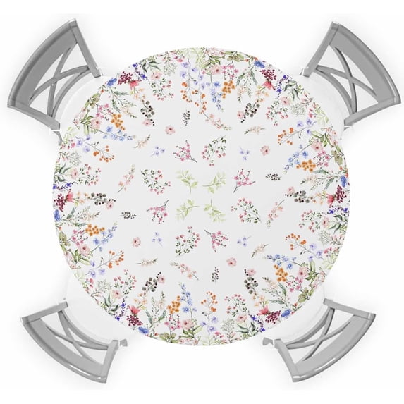 Round Fitted Tablecloth, Spring Flowers Summer Leaves Farmhouse Botanical Floral Wildflowers Waterproof Table Cloth Table Cover with Elastic Edged for Outdoor Parties, Fits Tables up to 45" - 54"