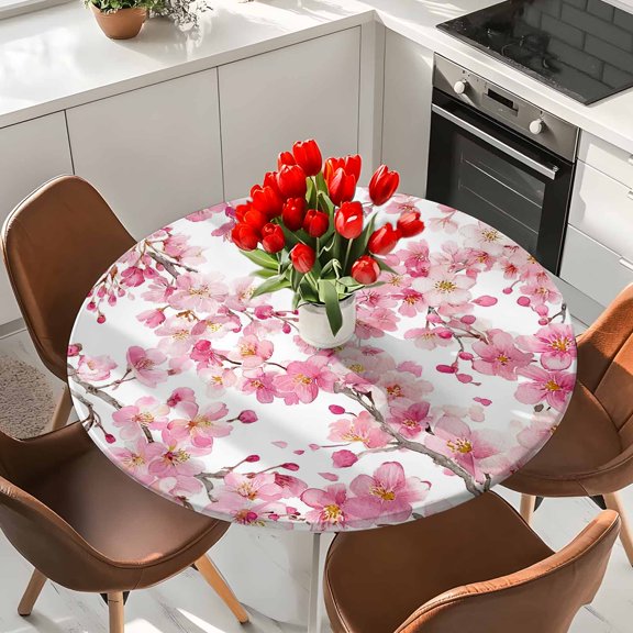 Round Fitted Tablecloth,Spring Pink Blossom Peach Circle Table Cover Waterproof Table Cloth with Elastic Edge,Watercolor Flower Tree Branch Outdoor Tablecloths for Kitchen Picnic 36-44in