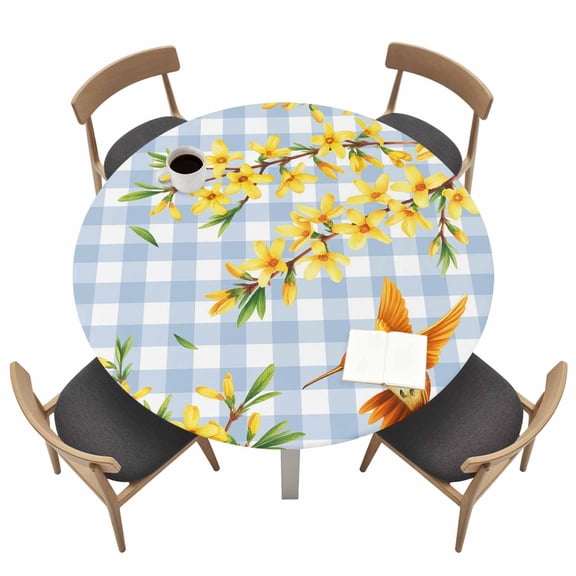 Round Fitted Tablecloth,Spring Spreaded Flowers Circle Table Cover Waterproof Table Cloth with Elastic Edge,Birds Blue White Check Outdoor Tablecloths for Kitchen Picnic 36-44in