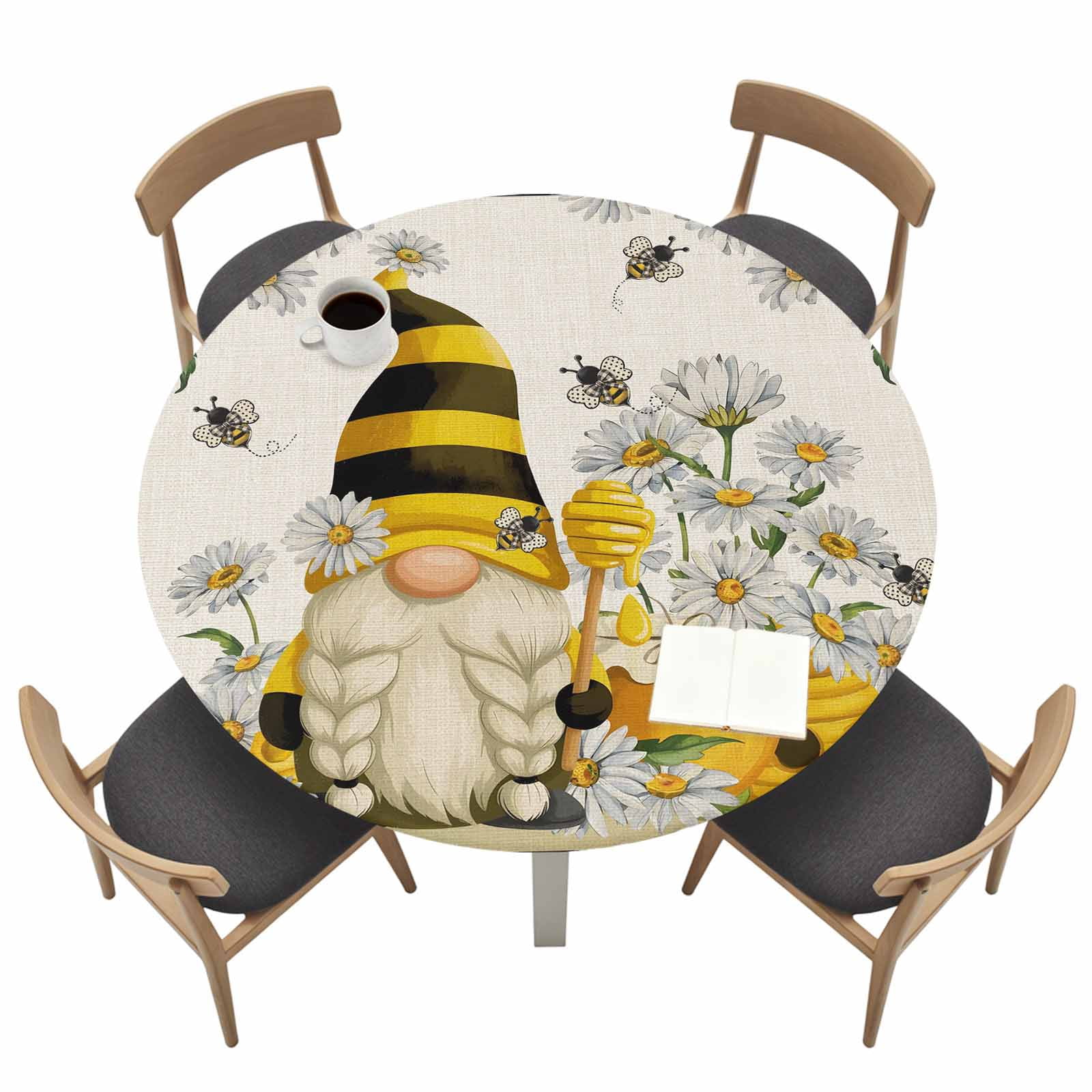 Tablecloth Yellow Insects Round Fitted Tablecloth,Spring Yellow Black Stripes Hat Dwarf White ...