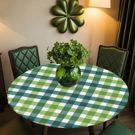 Round Fitted Tablecloth,St. Patrick's Day Irish Lucky Green Theme Plaid Circle Table Cover Waterproof Table Cloth with Elastic Edge,Buffalo Tartan Outdoor Tablecloths for Kitchen Picnic 45-54in
