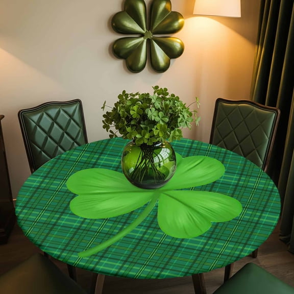 Round Fitted Tablecloth,St. Patrick's Day Irish Lucky Leaves Circle Table Cover Waterproof Table Cloth with Elastic Edge,Green Shamrock Lattice Outdoor Tablecloths for Kitchen Picnic 45-54in